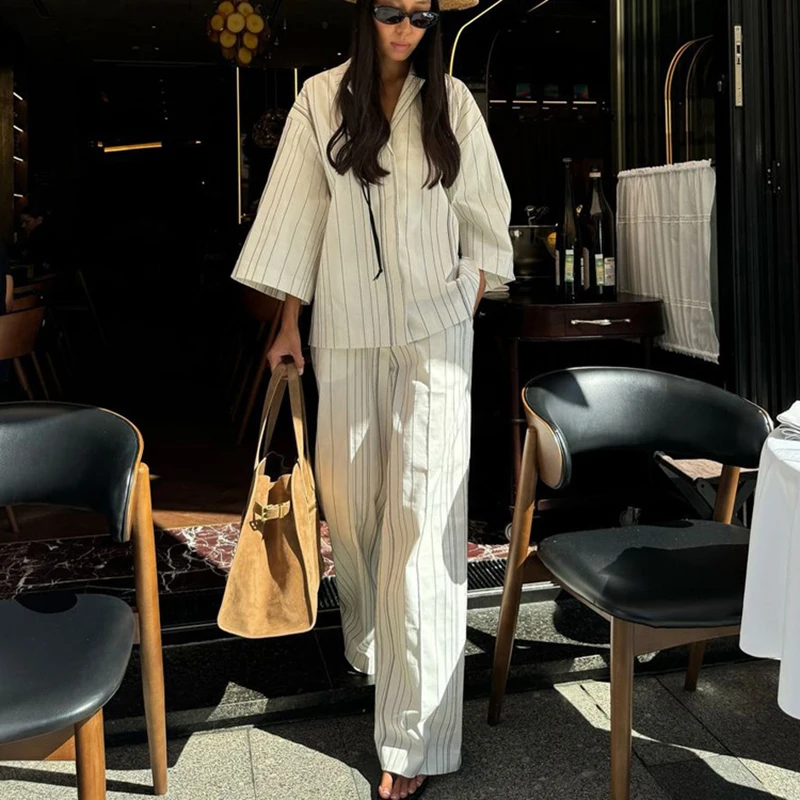 Striped Blouse Pants Outfit Spring Women Lapel Three Quarters Sleeve Shirt+High Waist Loose Wide Leg Pants Autumn Two Piece Set
Striped Blouse Pants Outfit Spring Women Lapel Three Quarters Sleeve Shirt+High Waist Loose Wide Leg Pants Autumn Two Piece Set