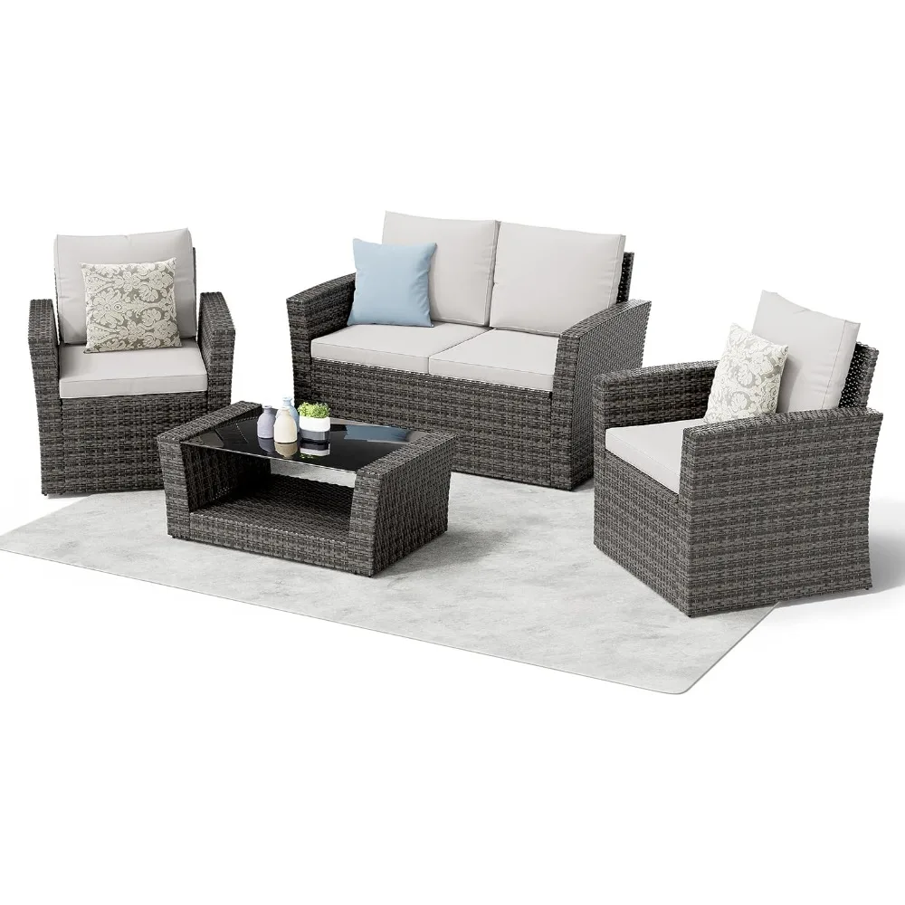 4 Piece Outdoor Patio Conversation Sets, Wicker Patio Furniture with Rattan Glass Table, Cushioned Patio Furniture Set for Garde
4 Piece Outdoor Patio Conversation Sets, Wicker Patio Furniture with Rattan Glass Table, Cushioned Patio Furniture Set for Garde