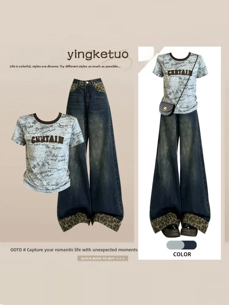 Slim Fit round Neck Leopard Print Wide Leg Jeans Set for Women Summer Fashion High Waist Long Pants Short Sleeve T-Shirt
Slim Fit round Neck Leopard Print Wide Leg Jeans Set for Women Summer Fashion High Waist Long Pants Short Sleeve T-Shirt