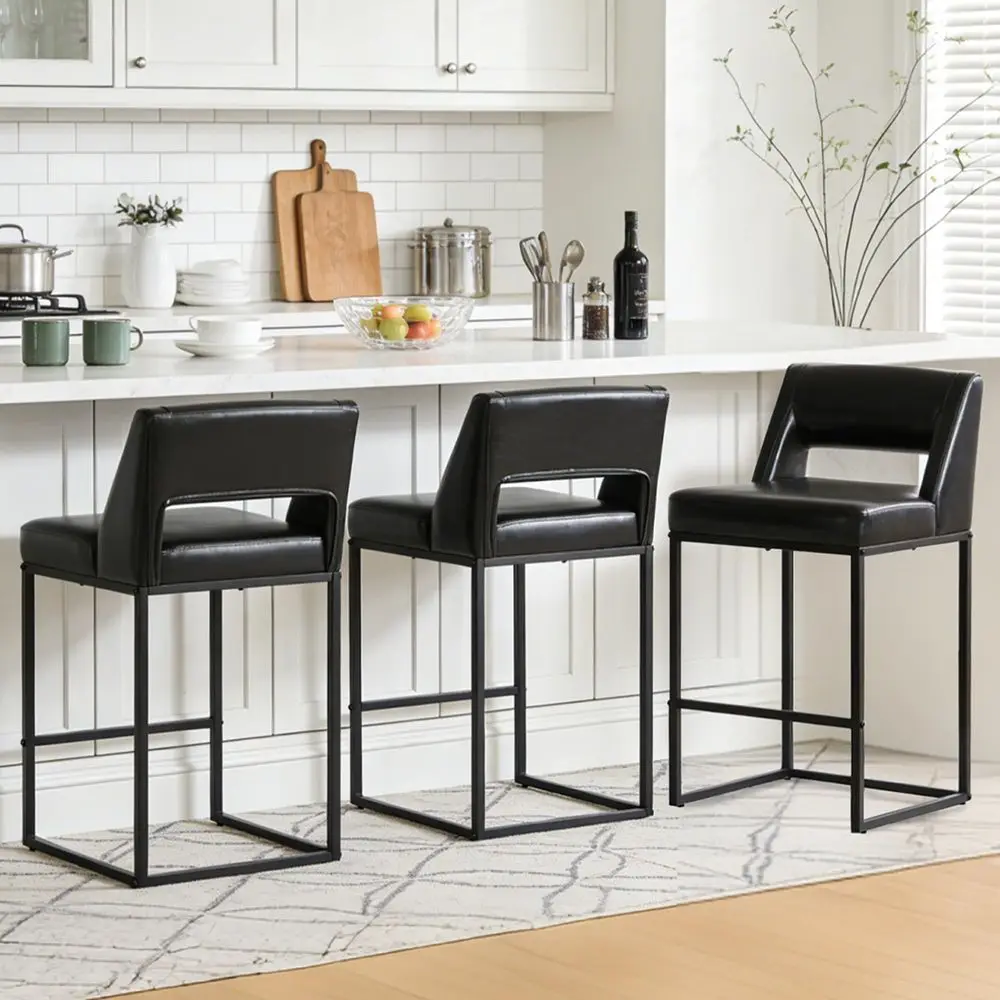 Counter Height Bar Stools Set of 3, Hollow Back Kitchen Island Barstools, Upholstered Faux Leather Counter Stools with Metal Fr
Counter Height Bar Stools Set of 3, Hollow Back Kitchen Island Barstools, Upholstered Faux Leather Counter Stools with Metal Fr