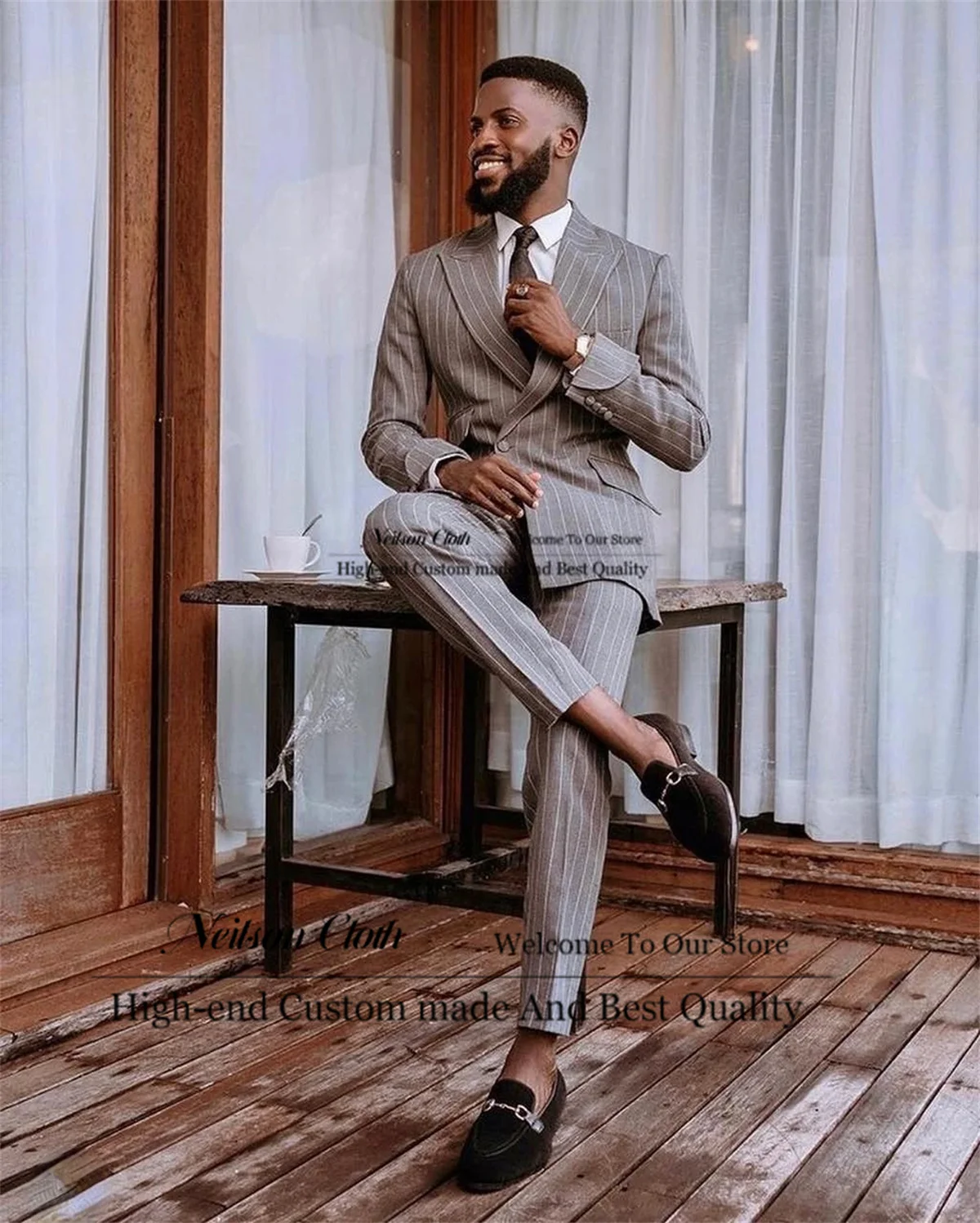 Gray Stripe Men Suits Peaked Lapel Double Breasted Groom Wedding Tuxedos 2 Pieces Sets Male Prom Blazers Slim Fit Costume Homme
Gray Stripe Men Suits Peaked Lapel Double Breasted Groom Wedding Tuxedos 2 Pieces Sets Male Prom Blazers Slim Fit Costume Homme