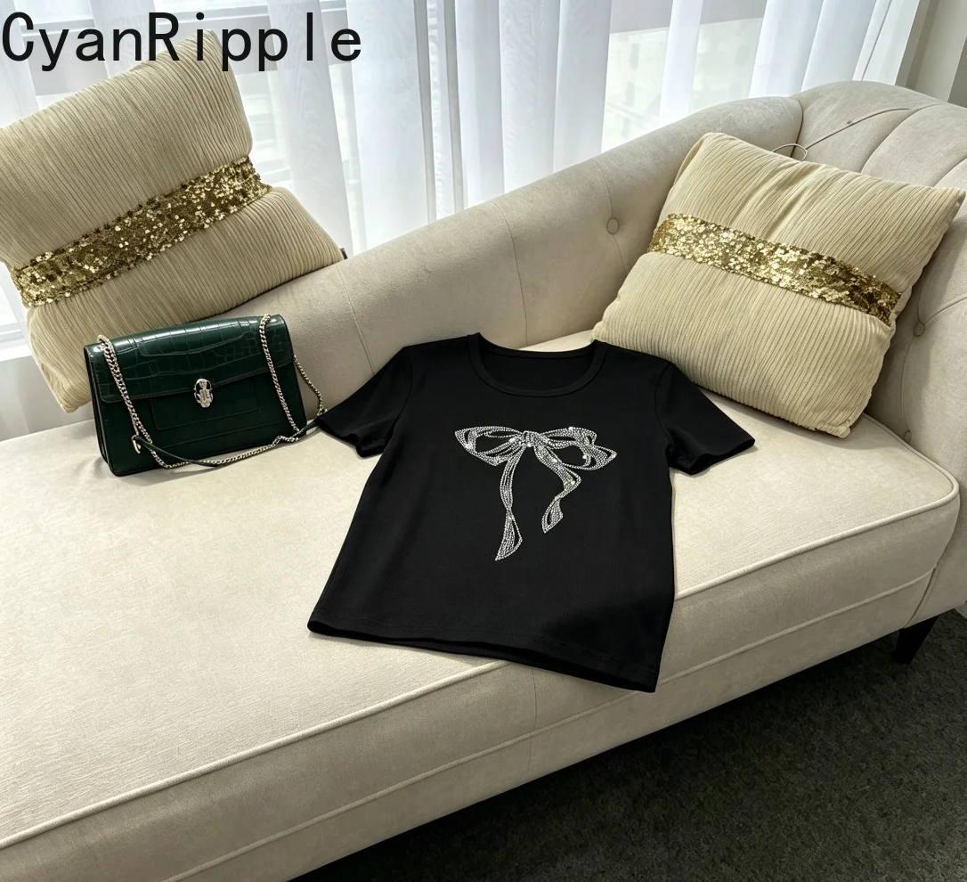 High Quality New Spring Summer Stretch Slimming Basic Tees Shiny Bow Hot Diamonds Round Neck Pullover Top Short Sleeve T-shirt
High Quality New Spring Summer Stretch Slimming Basic Tees Shiny Bow Hot Diamonds Round Neck Pullover Top Short Sleeve T-shirt