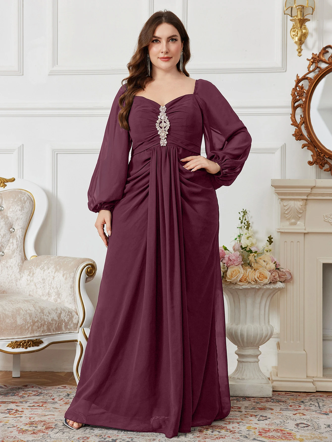 UNITHORSE Elegant Solid Chiffon Maxi Gown with Lantern Sleeves, Ruched & Rhinestone Details
UNITHORSE Elegant Solid Chiffon Maxi Gown with Lantern Sleeves, Ruched & Rhinestone Details