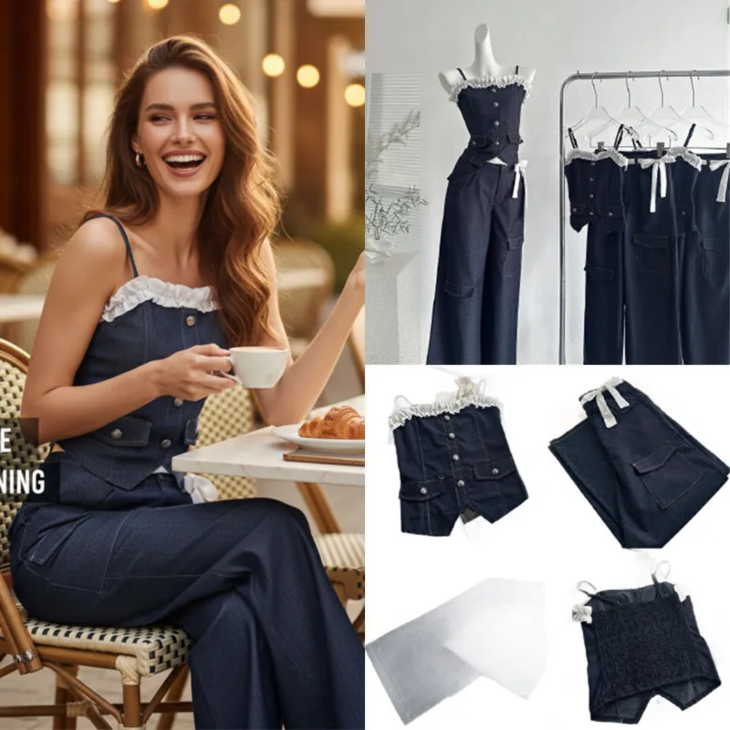 Dark Blue Denim Two Piece Set Ruffled Lace Trim Cami Top High Waist Bow Detail Wide Leg Pants For Women Summer Casual Wear New
Dark Blue Denim Two Piece Set Ruffled Lace Trim Cami Top High Waist Bow Detail Wide Leg Pants For Women Summer Casual Wear New