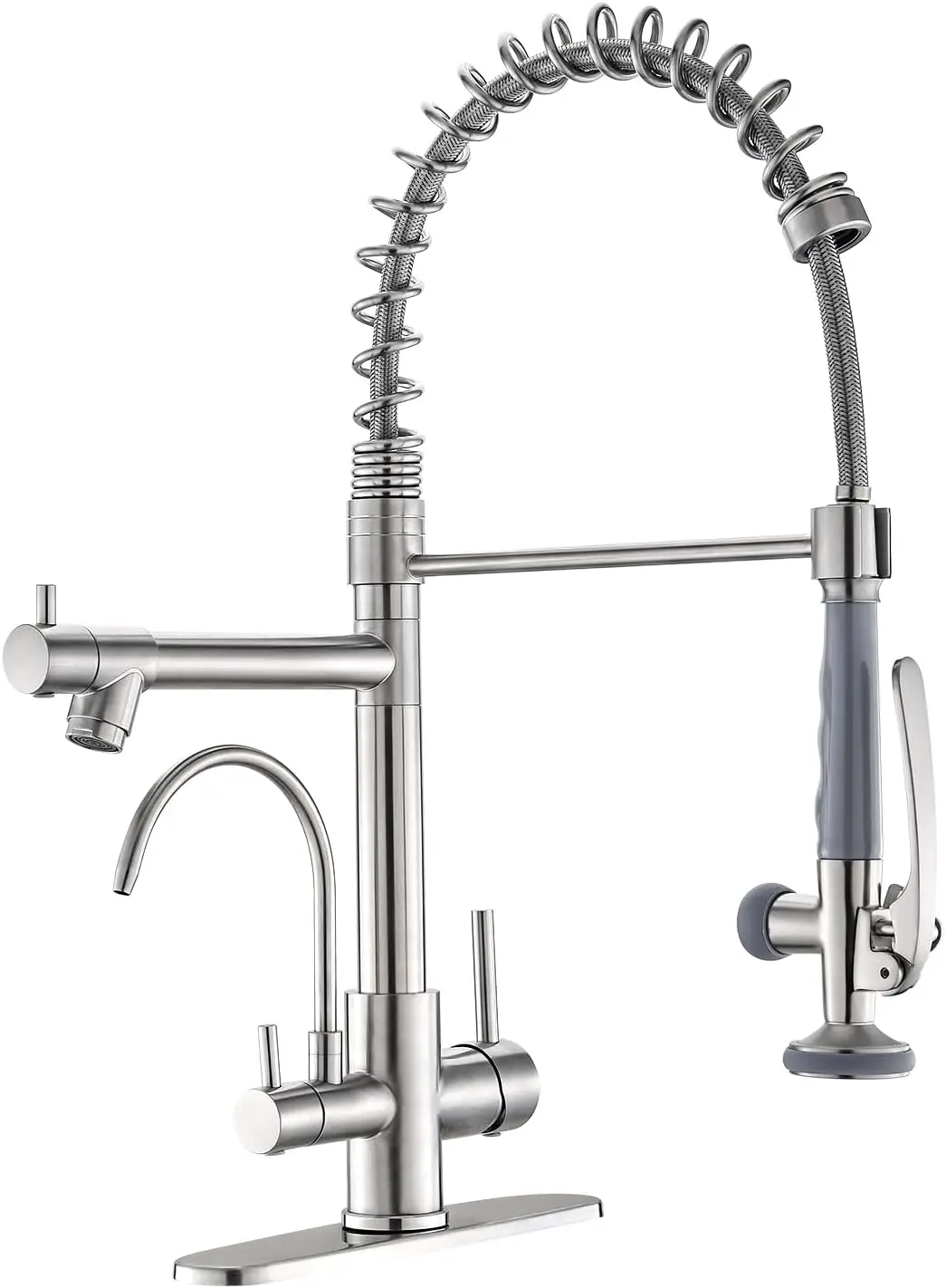3-in-1 Commercial Kitchen Sink Faucet with Pull-Down Sprayer and Water Filler, Brushed Nickel Finish
3-in-1 Commercial Kitchen Sink Faucet with Pull-Down Sprayer and Water Filler, Brushed Nickel Finish