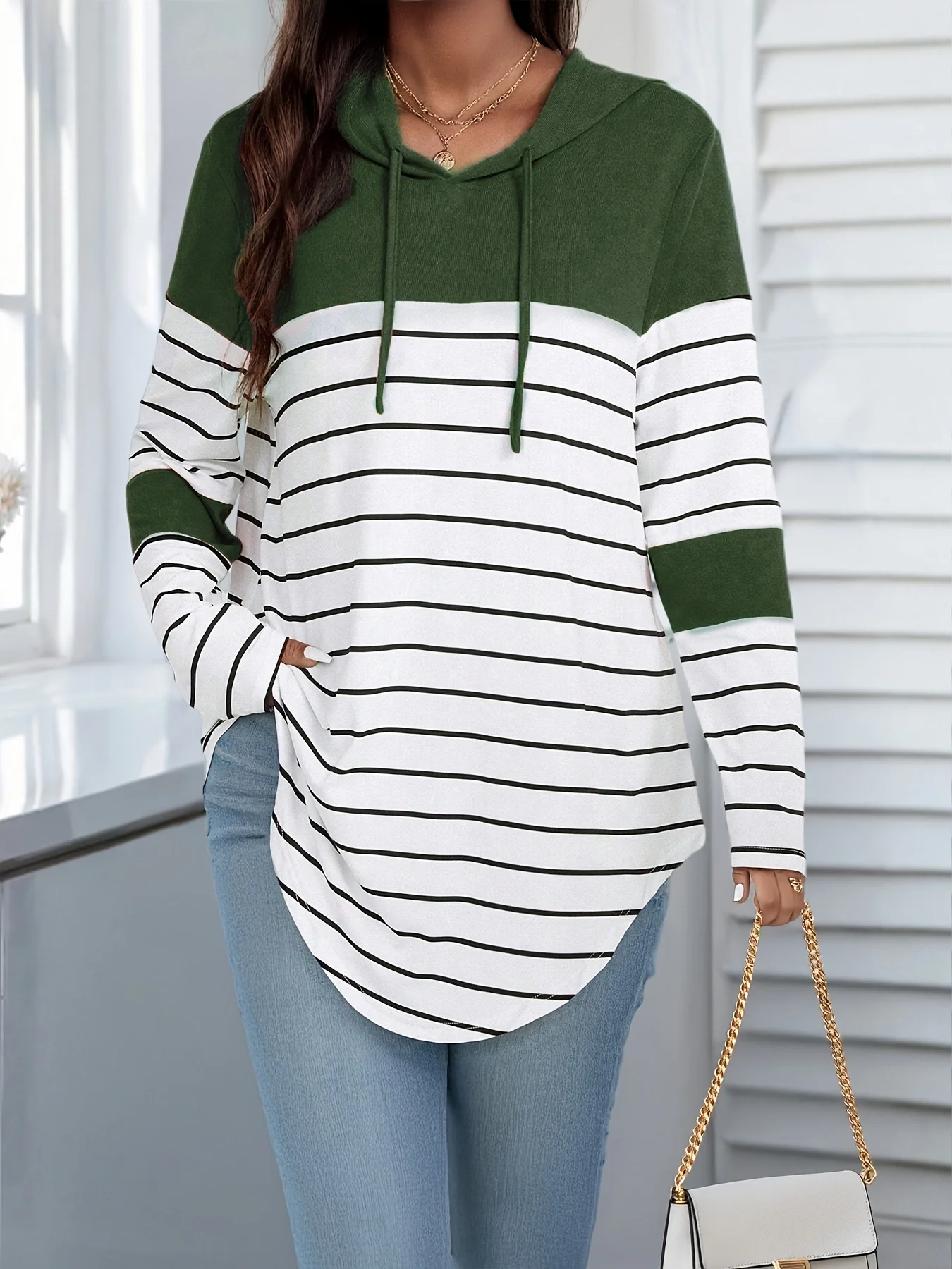 Women's Color Block Striped Hooded Sweatshirt, Casual Long Sleeve Drawstring Pullover Tunic Top
Women's Color Block Striped Hooded Sweatshirt, Casual Long Sleeve Drawstring Pullover Tunic Top