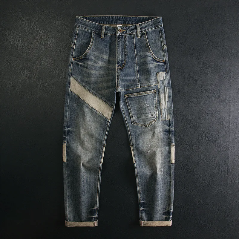 Color blocking patchwork jeans for men, slim fit, elastic, retro style, distressed, fashionable, personalized, trendy pants
Color blocking patchwork jeans for men, slim fit, elastic, retro style, distressed, fashionable, personalized, trendy pants