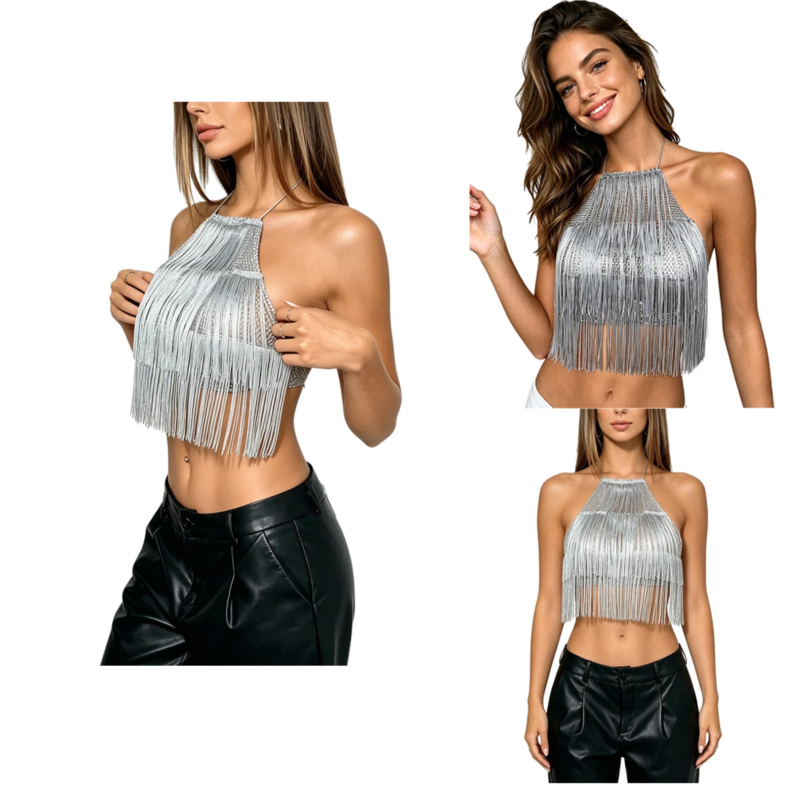 Women See Through Sparkly Fishnet Camisole Tiered Tassel Vest Top Mesh Halter Backless Cropped Tank Top for Party Raves Club
Women See Through Sparkly Fishnet Camisole Tiered Tassel Vest Top Mesh Halter Backless Cropped Tank Top for Party Raves Club