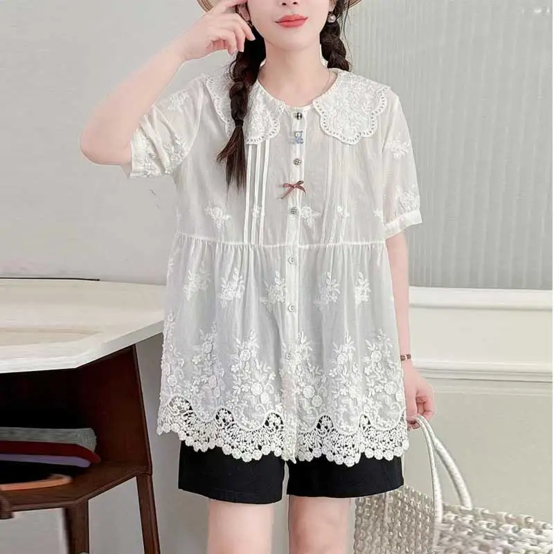 Japanese Sweet Mori Girl Solid Color Embroidery Hollow Out Cotton Shirts Women Summer Peter Pan Collar Short Sleeve Blouse Tops
Japanese Sweet Mori Girl Solid Color Embroidery Hollow Out Cotton Shirts Women Summer Peter Pan Collar Short Sleeve Blouse Tops