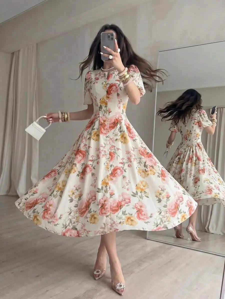 A-Line Floral Print Midi Dress With Puff Sleeves And Button Placket Spring Summer Womens Dress
A-Line Floral Print Midi Dress With Puff Sleeves And Button Placket Spring Summer Womens Dress