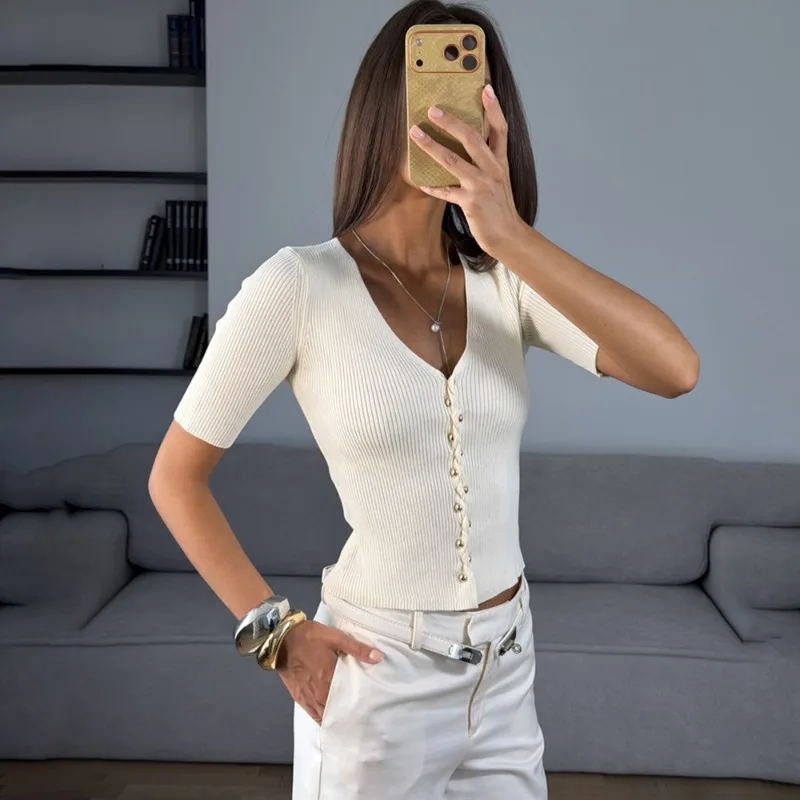 Tuularose Women's Knitted Tops Summer Solid V-Neck Ribbed Patchwork Pullover Commuting Streetwear Elegant Casual Female T-Shirts
Tuularose Women's Knitted Tops Summer Solid V-Neck Ribbed Patchwork Pullover Commuting Streetwear Elegant Casual Female T-Shirts