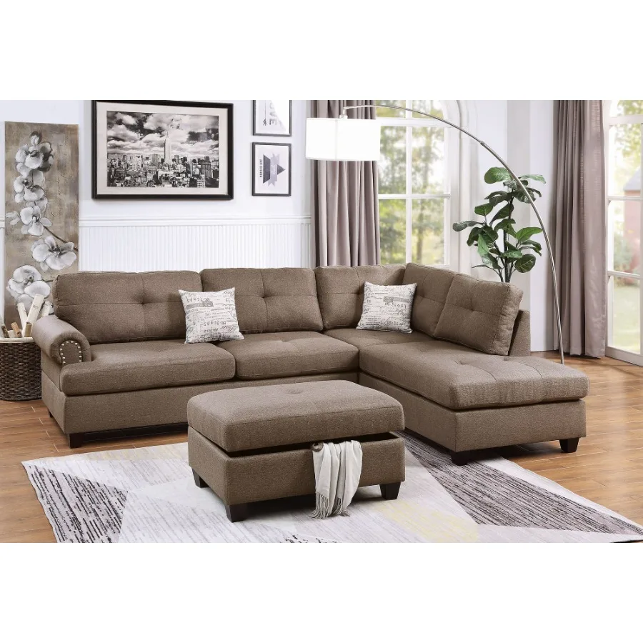 Contemporary 3-pcs Sectional Sofa Mocha Dorris Fabric Cushion Sofa Chaise Ottoman Reversible Couch Pillows
Contemporary 3-pcs Sectional Sofa Mocha Dorris Fabric Cushion Sofa Chaise Ottoman Reversible Couch Pillows
