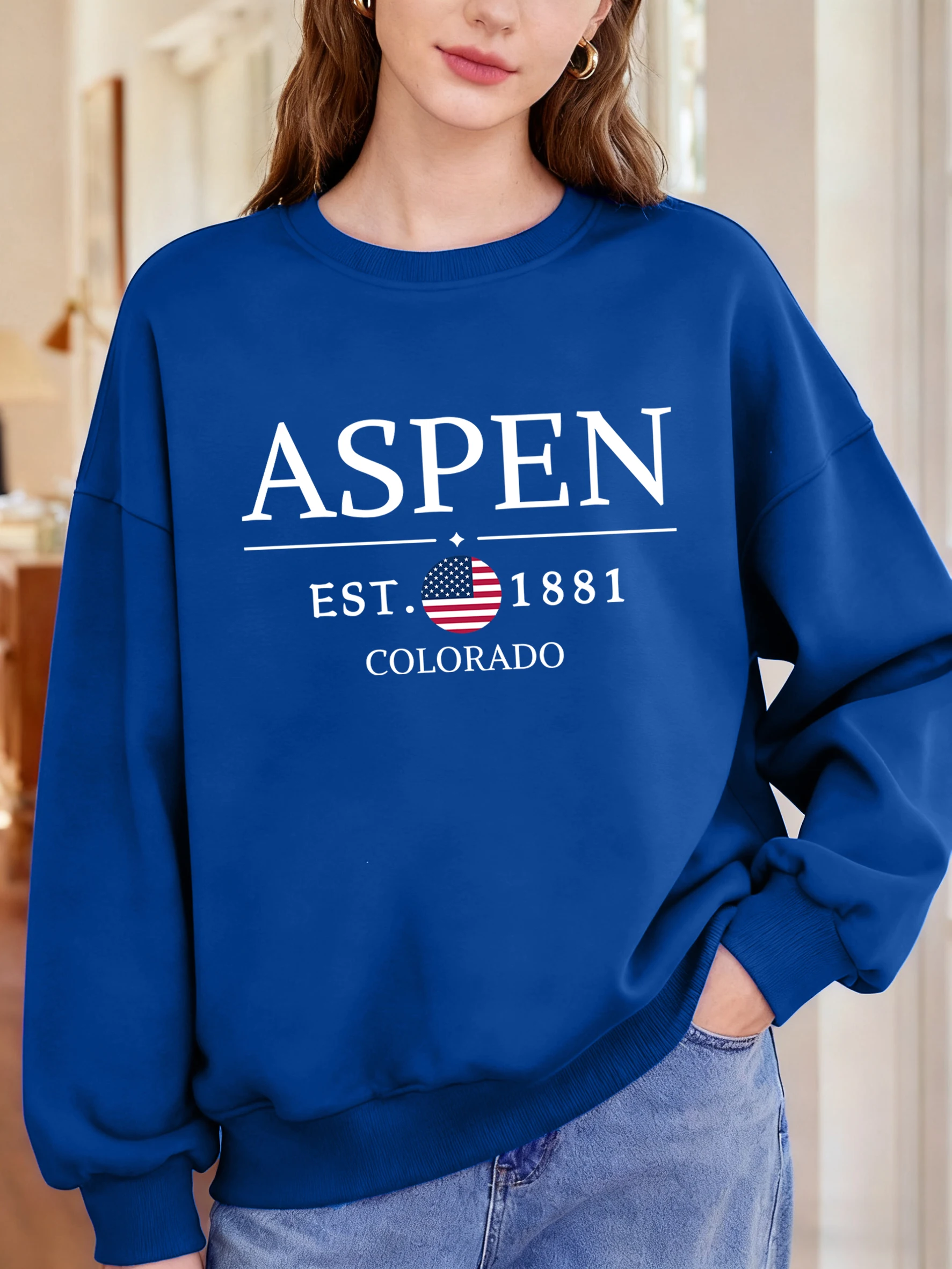 Aspen Colorado Est 1881, дизайнерский свитшот, женская одежда с круглым вырезом, повседневная уличная одежда больших размеров, осенний пуловер с заниженными плечами
Aspen Colorado Est 1881, дизайнерский свитшот, женская одежда с круглым вырезом, повседневная уличная одежда больших размеров, осенний пуловер с заниженными плечами
