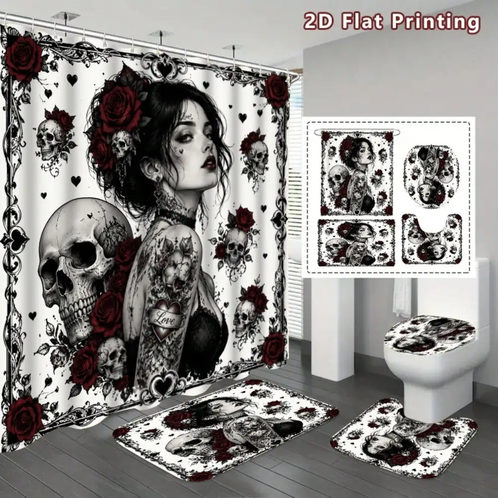 2D Flat, 2D Flat 4pcs Gothic Skull Red Rose Shower Curtain Set, Black White Red Tattooed Lady Skull Rose Bathroom Decor, Additions with, U-Shaped, Toilet Lid Cover, Shower Curtain Includes Hooks, Gothic Art Lover, Home Decor, Bathroom Additions
2D Flat, 2D Flat 4pcs Gothic Skull Red Rose Shower Curtain Set, Black White Red Tattooed Lady Skull Rose Bathroom Decor, Additions with, U-Shaped, Toilet Lid Cover, Shower Curtain Includes Hooks, Gothic Art Lover, Home Decor, Bathroom Additions