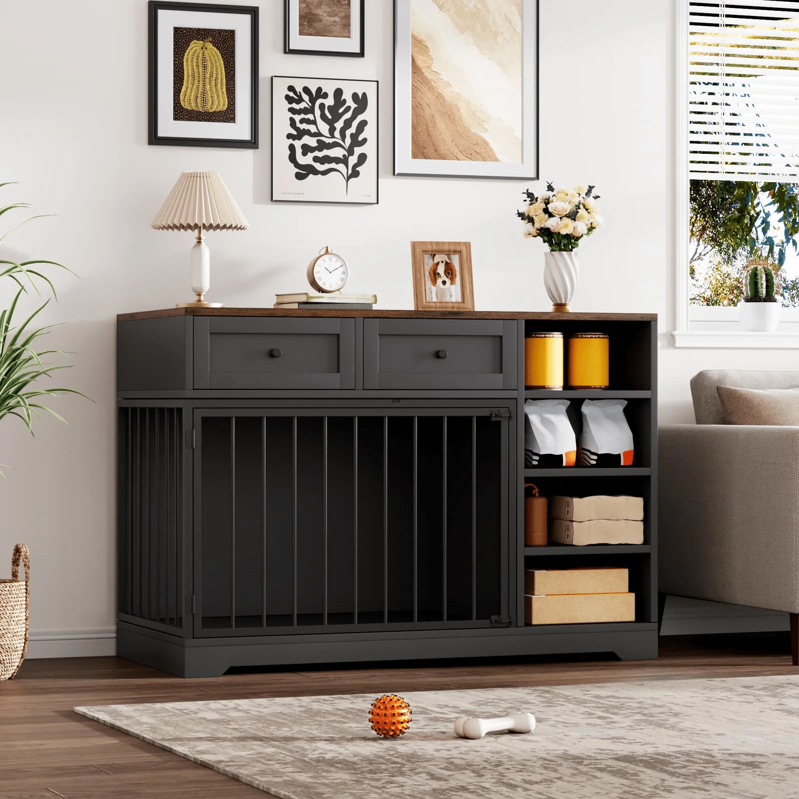 47. 2" Indoor Dog Crate Furniture with Large Kennel, 2 Storage Drawers, 4 Shelves, Black Wood TV Stand for Small to Large Dogs
47. 2" Indoor Dog Crate Furniture with Large Kennel, 2 Storage Drawers, 4 Shelves, Black Wood TV Stand for Small to Large Dogs