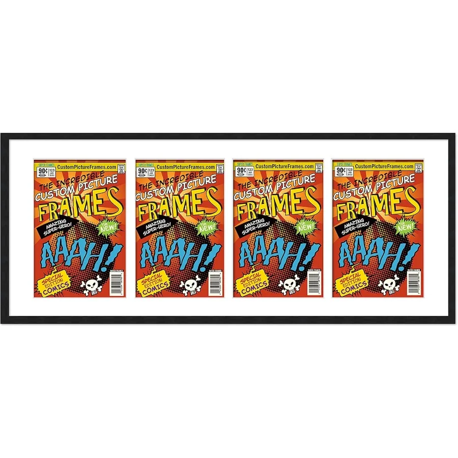 Black Matted Comic Book Frame Solid Wood Silver Age UV Acrylic with Acid Free Matting for 4 Comics
Black Matted Comic Book Frame Solid Wood Silver Age UV Acrylic with Acid Free Matting for 4 Comics