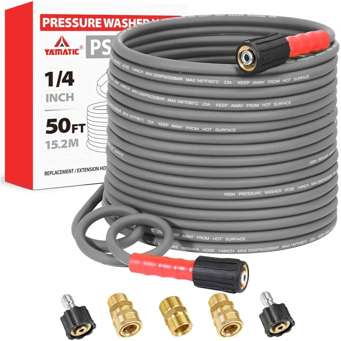 Flexible Pressure Washer Hose 50FT 1/4", 3200 PSI Non-Kink Replacement with M22-14mm & 3/8" Quick Connect Adapters for Gas Power
Flexible Pressure Washer Hose 50FT 1/4", 3200 PSI Non-Kink Replacement with M22-14mm & 3/8" Quick Connect Adapters for Gas Power