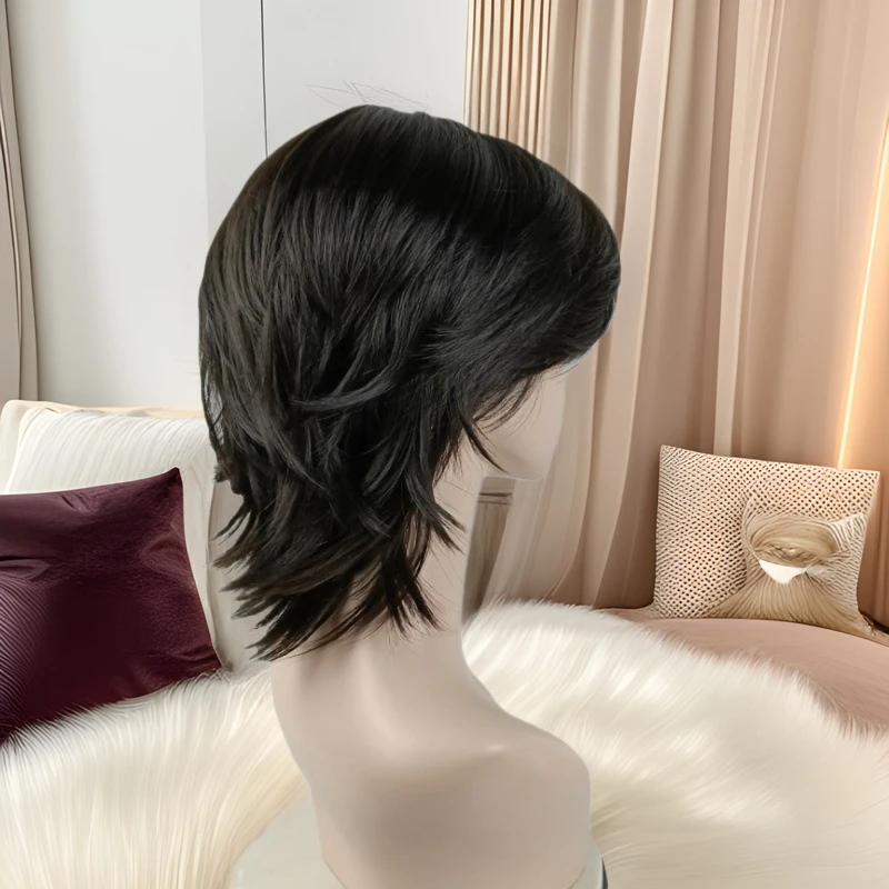 Wolf tail , short hair, unisex, European and American style, natural-looking black mullet head full wig
Wolf tail , short hair, unisex, European and American style, natural-looking black mullet head full wig
