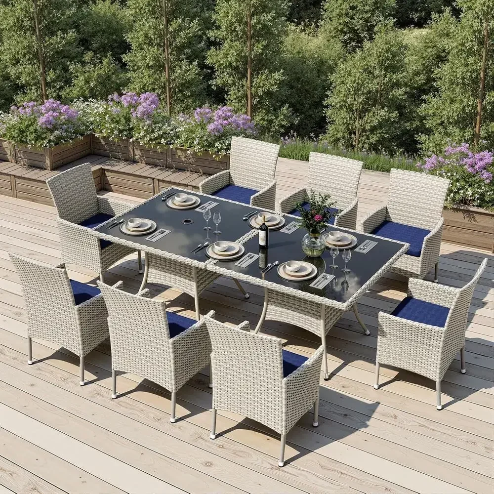 10-Piece Outdoor Patio Furniture Set with Glass Table and Cushioned Chairs, Navy Blue Wicker Rattan for Balcony, Garden, Deck
10-Piece Outdoor Patio Furniture Set with Glass Table and Cushioned Chairs, Navy Blue Wicker Rattan for Balcony, Garden, Deck