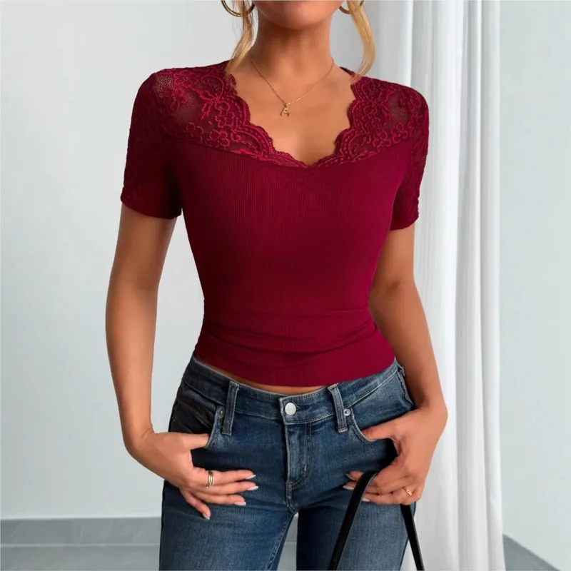 Sexy Slim Spliced Lace Top Ladies New Style Comfortable Deep V neck Short Sleeve Clothes Spring Summer Leotard Clothes for Women
Sexy Slim Spliced Lace Top Ladies New Style Comfortable Deep V neck Short Sleeve Clothes Spring Summer Leotard Clothes for Women