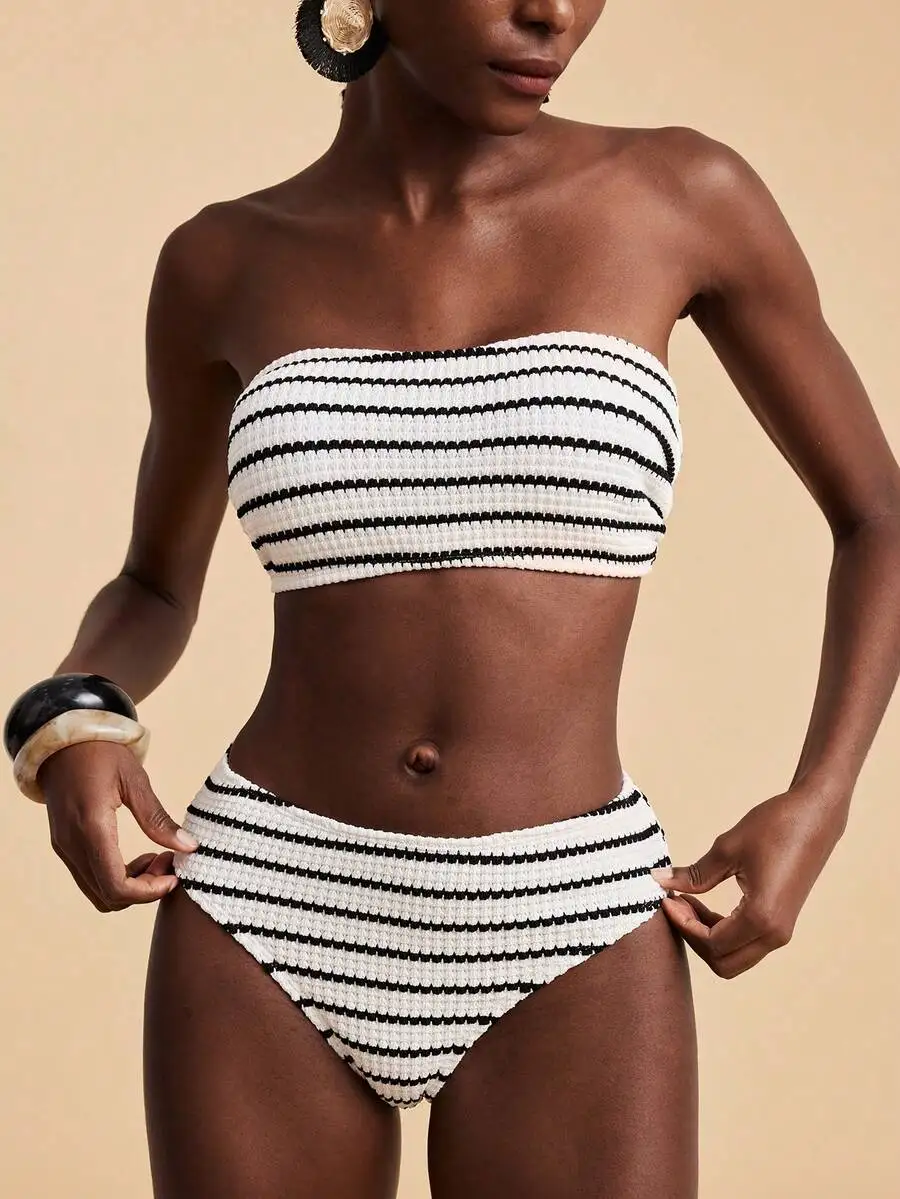Black And White Striped Crochet Bandeau Two Piece Swimsuit For Women Summer Beachwear
Black And White Striped Crochet Bandeau Two Piece Swimsuit For Women Summer Beachwear