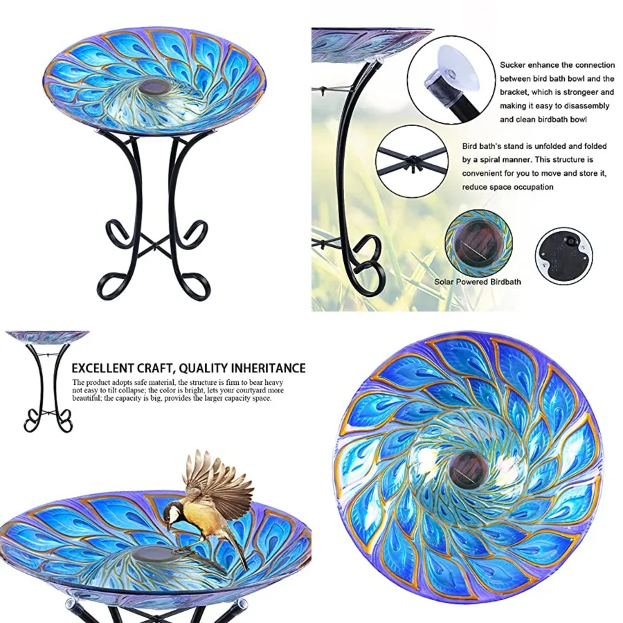 MUMTOP Outdoor Glass Bird Bath Solar Birdbaths with Metal Stand for Lawn Yard Garden Peacock Decor, 18" Dia 21.65" Height
MUMTOP Outdoor Glass Bird Bath Solar Birdbaths with Metal Stand for Lawn Yard Garden Peacock Decor, 18" Dia 21.65" Height