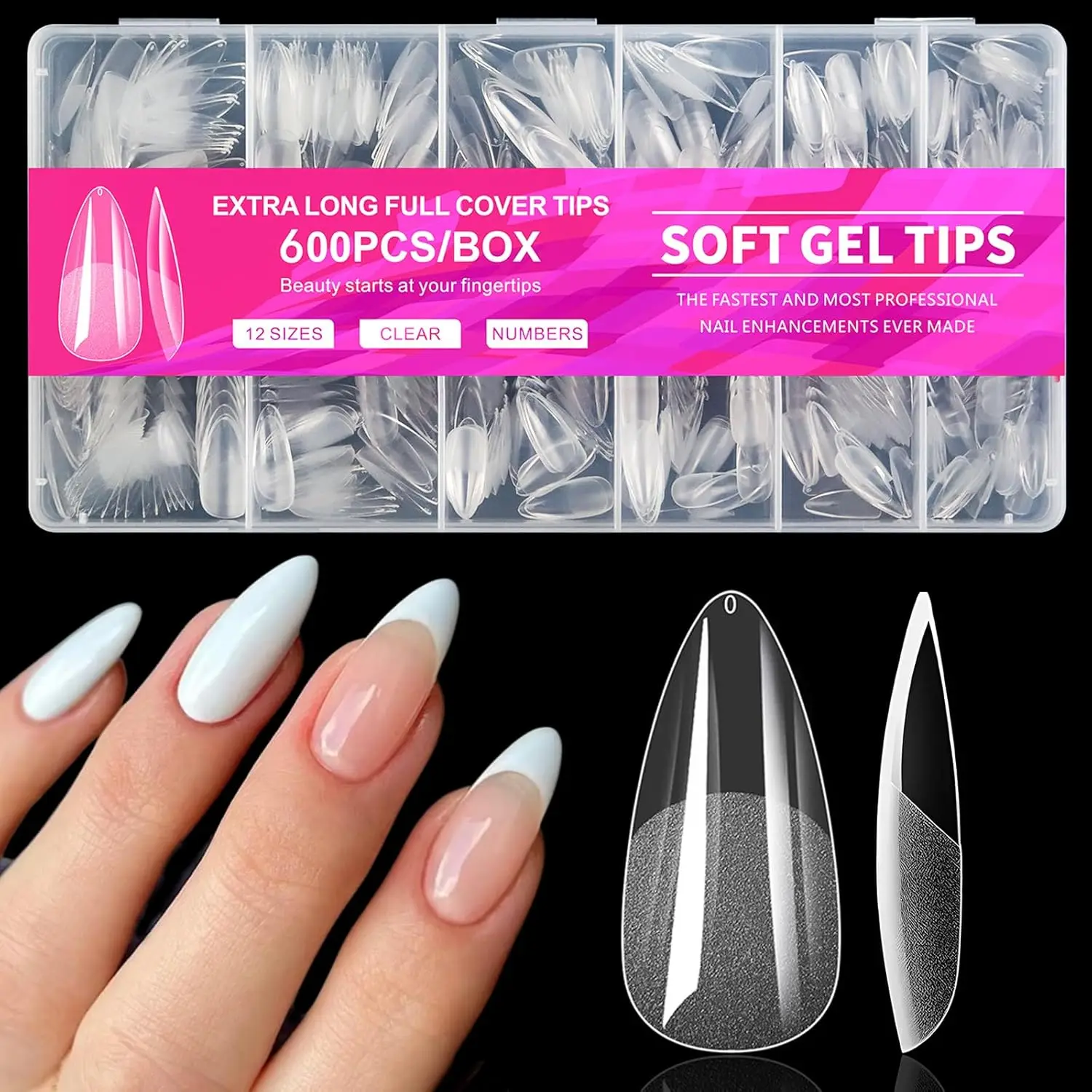600pcs Almond Nail Tips Medium Soft Gel Fake Nails - Clear Acrylic Nails for Extensions, 12 Sizes Press Ons for Salon Home DIY
600pcs Almond Nail Tips Medium Soft Gel Fake Nails - Clear Acrylic Nails for Extensions, 12 Sizes Press Ons for Salon Home DIY