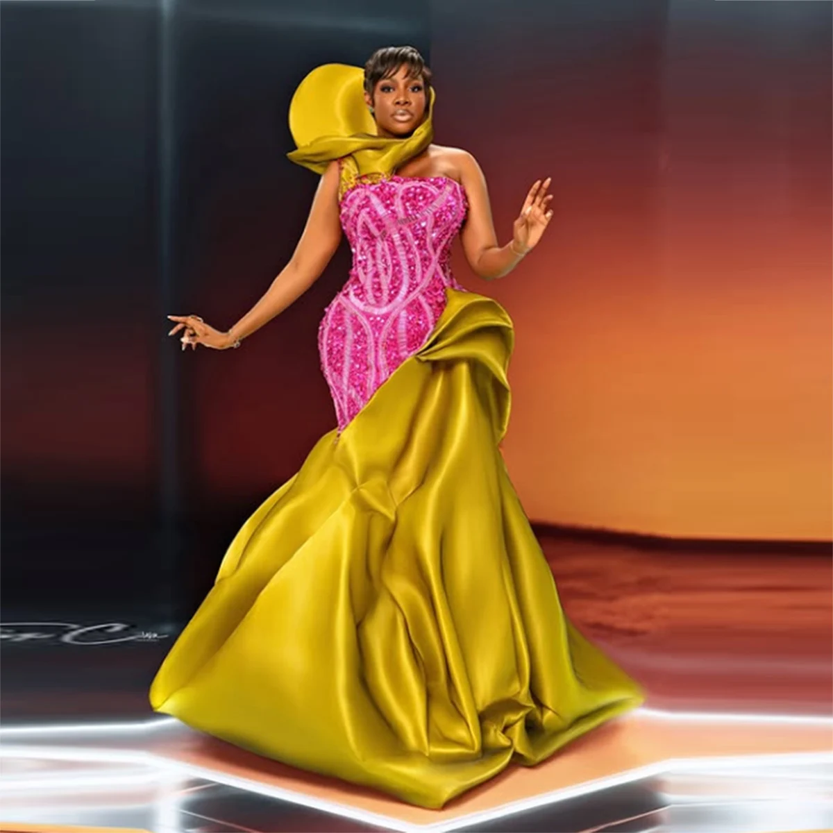 Великолепные платья для выпускного вечера цвета фуксии и золотого цвета с блестящими кружевами и блестками, атласные вечерние платья с рюшами Aso Ebi, женское вечернее платье 
Великолепные платья для выпускного вечера цвета фуксии и золотого цвета с блестящими кружевами и блестками, атласные вечерние платья с рюшами Aso Ebi, женское вечернее платье