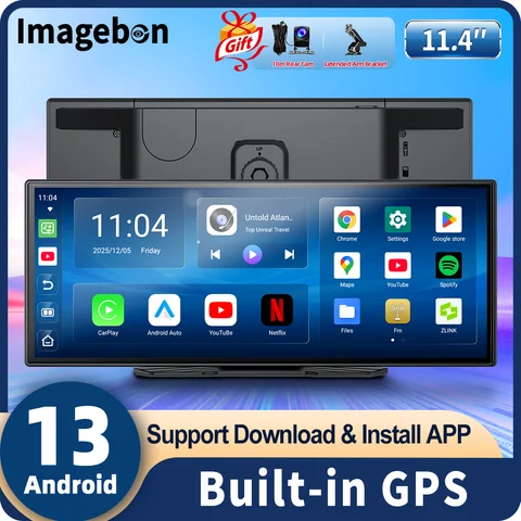 Imagebon 11.4" Android 13 Smart Car Screen with Wireless CarPlay & Android Auto GPS Navigation AI Voice Control Rearview Mirror Camera