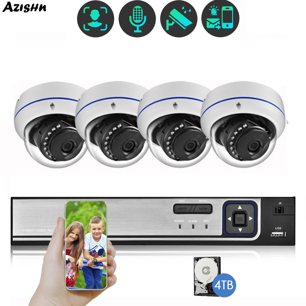 AZISHN HD 8MP Dome IP Camera System Face Detection 4k 4CH POE NVR Kit Smart E-mail Alerts 2/4pcs Camera Video Surveillance Set
AZISHN HD 8MP Dome IP Camera System Face Detection 4k 4CH POE NVR Kit Smart E-mail Alerts 2/4pcs Camera Video Surveillance Set