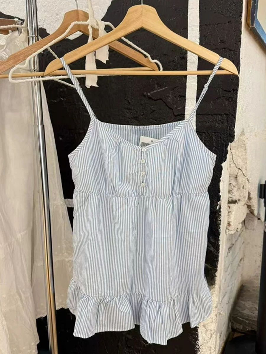 Blue Striped Ruffle Long Camisole Women Four Buttons Lace Trim V Neck Tank Tops Summer Preppy Style Sweet Sleeveless Top Y2k New 
Blue Striped Ruffle Long Camisole Women Four Buttons Lace Trim V Neck Tank Tops Summer Preppy Style Sweet Sleeveless Top Y2k New