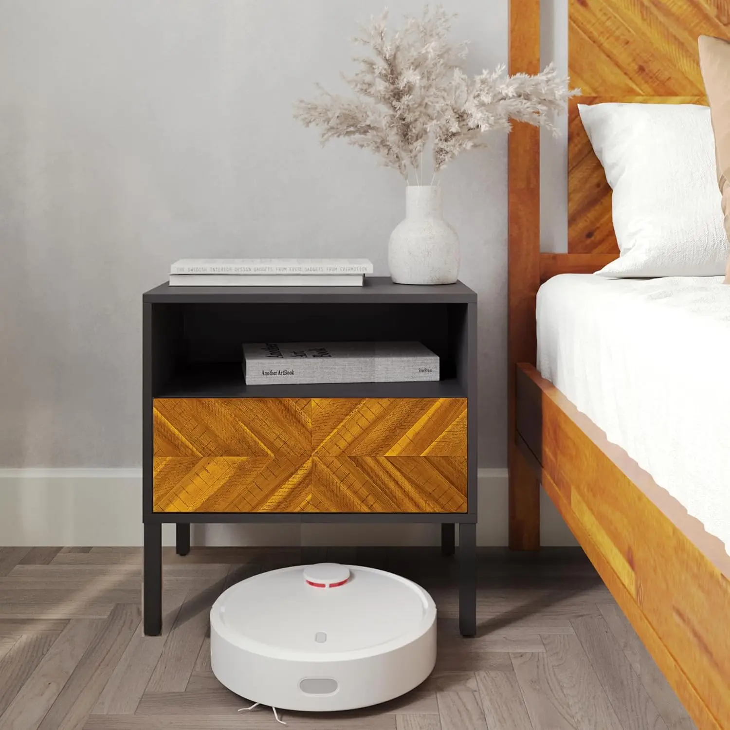 Solid Wood Nightstand with Herringbone Pattern, Rustic Golden Brown and Black, Easy Assembly
Solid Wood Nightstand with Herringbone Pattern, Rustic Golden Brown and Black, Easy Assembly