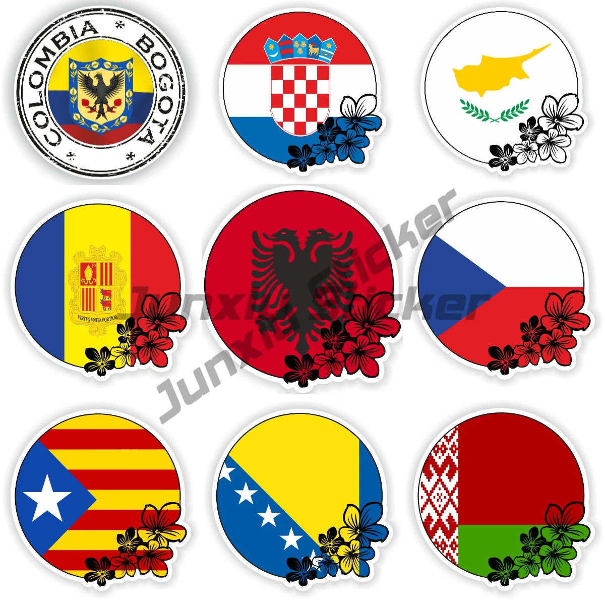 Albania Andora Belaru Catalonia Colombia Bogota Croatia Cyprus Czech Republic Round flower car sticker vinyl self-adhesive decal
Albania Andora Belaru Catalonia Colombia Bogota Croatia Cyprus Czech Republic Round flower car sticker vinyl self-adhesive decal