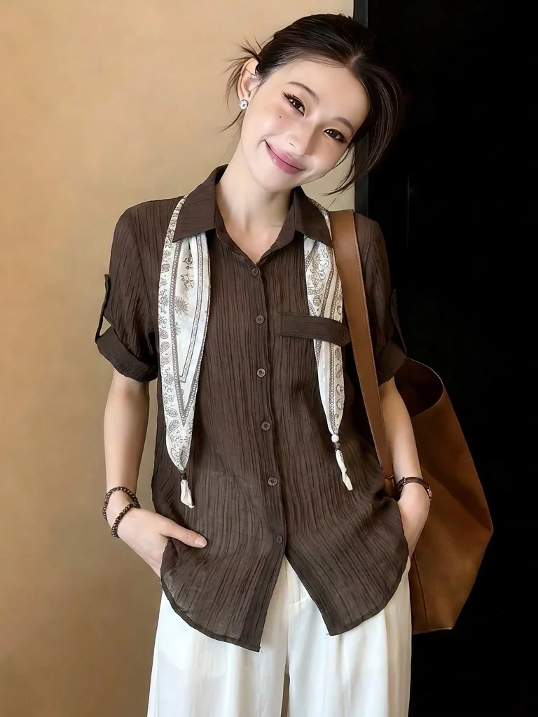 Elegant Silk Scarf Short Sleeve Shirt Women's Summer New Style Large Size Fat MM Thin Commute Top Korean Version Loose Fit
Elegant Silk Scarf Short Sleeve Shirt Women's Summer New Style Large Size Fat MM Thin Commute Top Korean Version Loose Fit