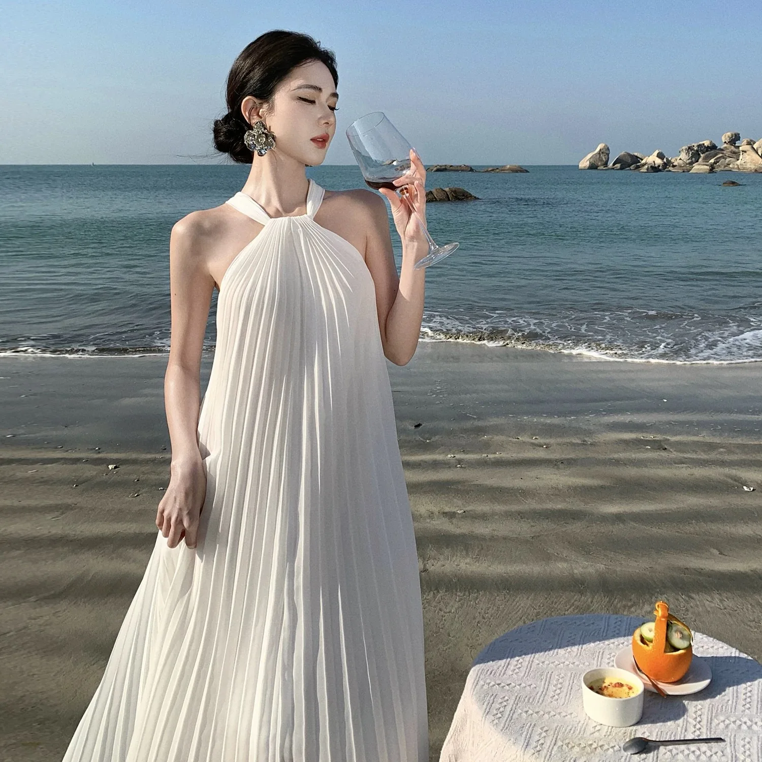 Elegant White Korean Vacation Style Dress Loose Sleeveless Neck Hanging Dress Women Summer Beach Holiday Fairy Party Long Dress
Elegant White Korean Vacation Style Dress Loose Sleeveless Neck Hanging Dress Women Summer Beach Holiday Fairy Party Long Dress