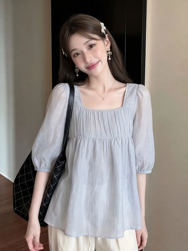 Korean Design Sense Pleated Square Collar Short Sleeve Women's Shirt Summer plus Size Slimming Versatile Top for Plump MM
Korean Design Sense Pleated Square Collar Short Sleeve Women's Shirt Summer plus Size Slimming Versatile Top for Plump MM