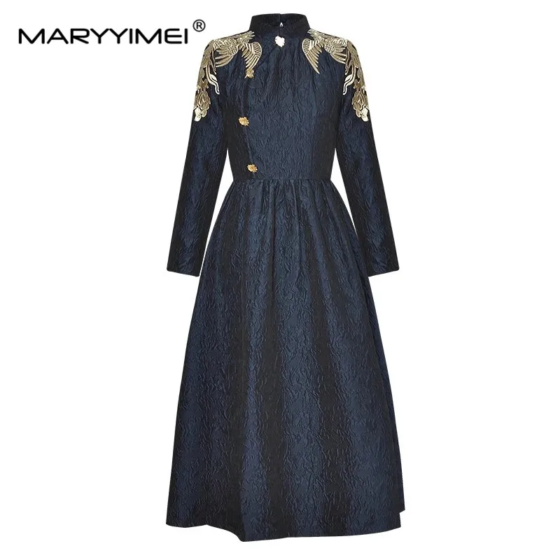 MARYYIMEI Fashion Autumn Winter Women's Dress Stand up collar Gold thread embroidery Long sleeved Jacquard Vintage Dresses
MARYYIMEI Fashion Autumn Winter Women's Dress Stand up collar Gold thread embroidery Long sleeved Jacquard Vintage Dresses