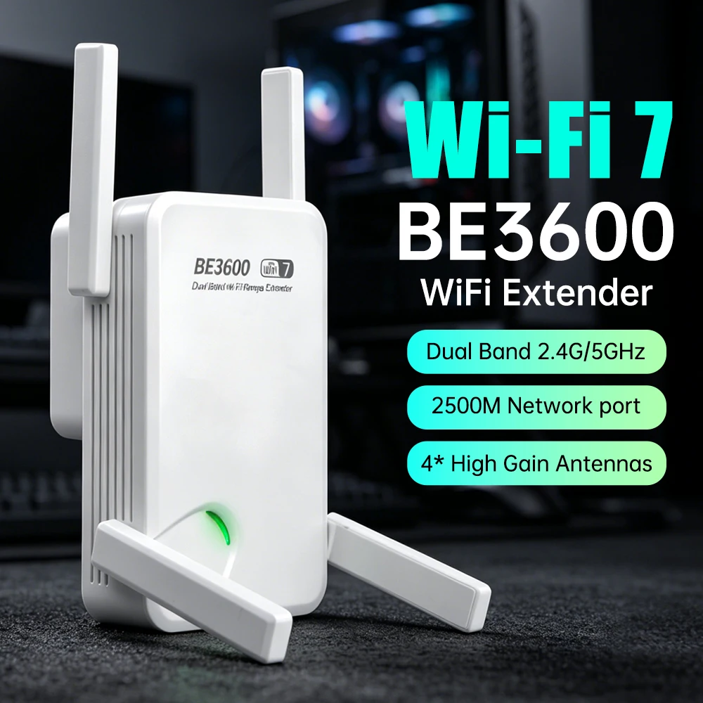 WiFi7 BE3600 WiFi Repeater Dual Band 2.4G/5GHz Wireless Extender 2500M Network port With 4*High Gain Anrennas Network Amplifier
WiFi7 BE3600 WiFi Repeater Dual Band 2.4G/5GHz Wireless Extender 2500M Network port With 4*High Gain Anrennas Network Amplifier