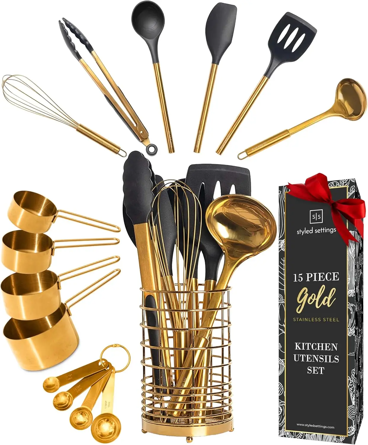 15-Piece Black Gold Kitchen Utensils Set with Measuring Cups and Spoons, Nonstick BPA-Free Silicone Cooking Tools
15-Piece Black Gold Kitchen Utensils Set with Measuring Cups and Spoons, Nonstick BPA-Free Silicone Cooking Tools