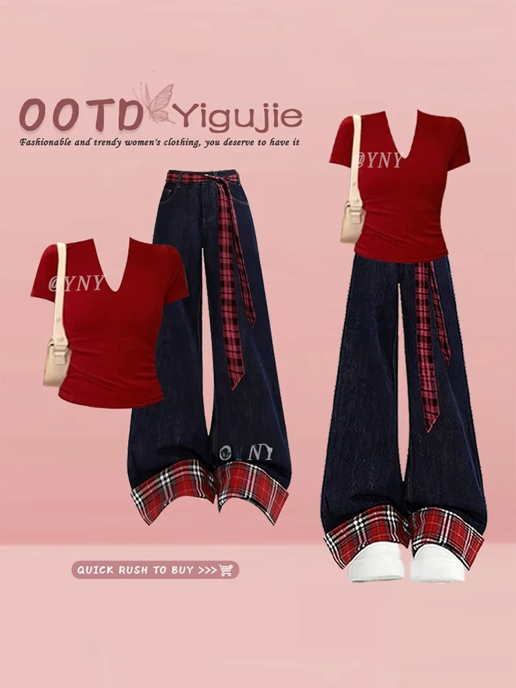 Sexy Red V-Neck Short Sleeve Tight Base Shirt Summer Plaid Wide Leg Jeans Two-Piece Set Women's Fashion Ensemble Summer Outfit
Sexy Red V-Neck Short Sleeve Tight Base Shirt Summer Plaid Wide Leg Jeans Two-Piece Set Women's Fashion Ensemble Summer Outfit