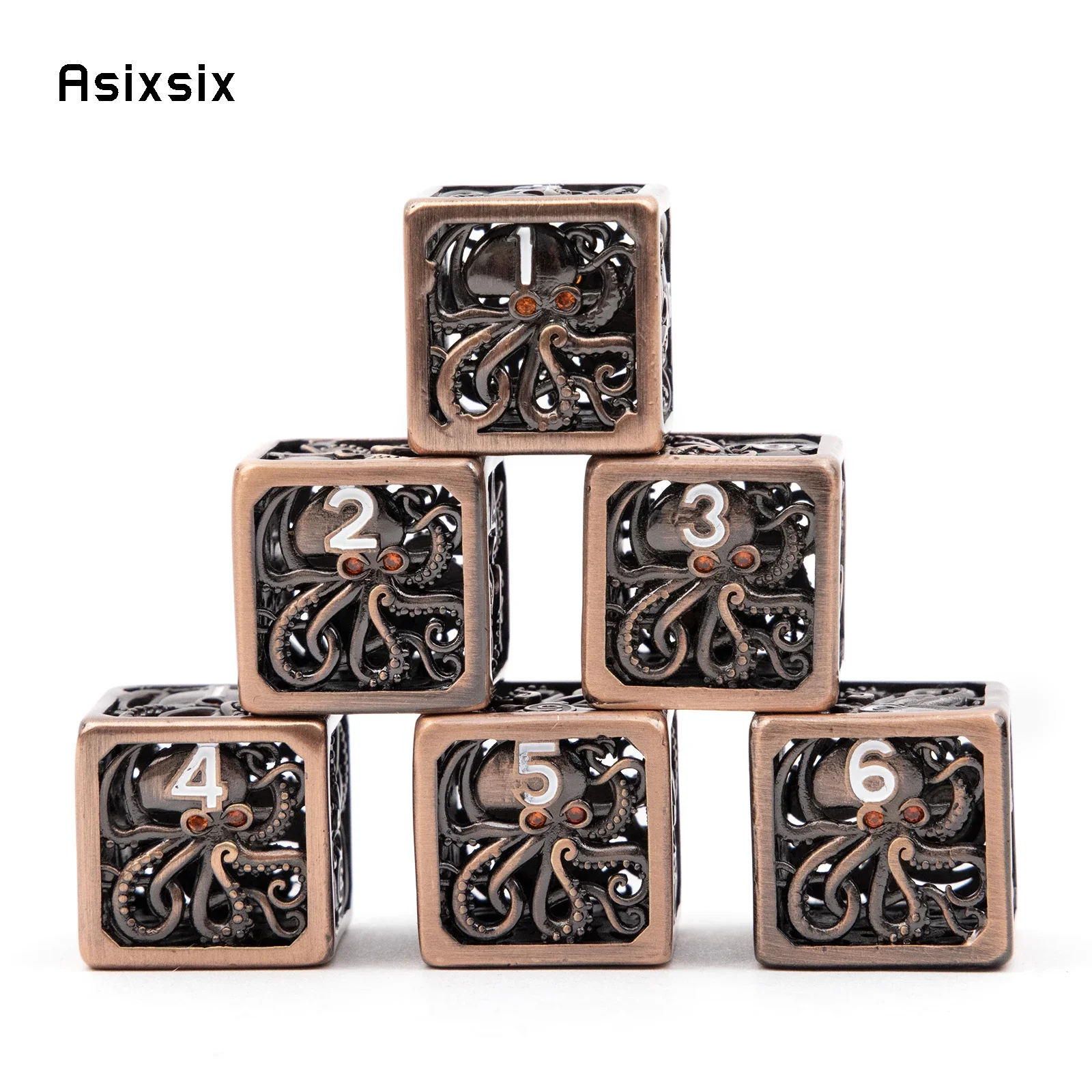 6 Pcs Coppery Squid Metal Dice Hollow Metal Polyhedral Dice Set Suitable for Role-Playing RPG Board Game Card Game
6 Pcs Coppery Squid Metal Dice Hollow Metal Polyhedral Dice Set Suitable for Role-Playing RPG Board Game Card Game