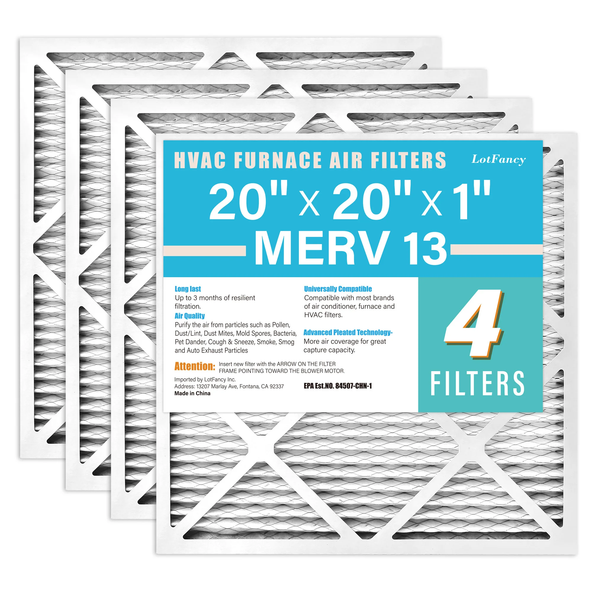 20"x20"x1" MERV 13 Air Filter Pleated HVAC Furnace Air Filters, 4 Pack, Replacement Filter
20"x20"x1" MERV 13 Air Filter Pleated HVAC Furnace Air Filters, 4 Pack, Replacement Filter