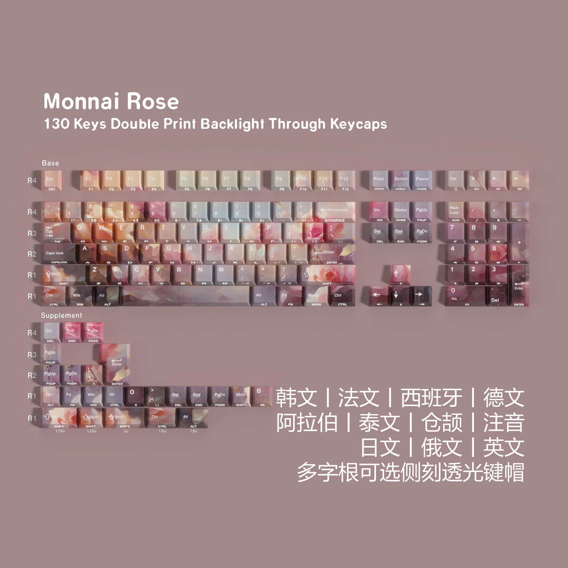Rose double engraved light transmission Pbt original full set of keycaps Korean Russian Thai small language Wooting
Rose double engraved light transmission Pbt original full set of keycaps Korean Russian Thai small language Wooting