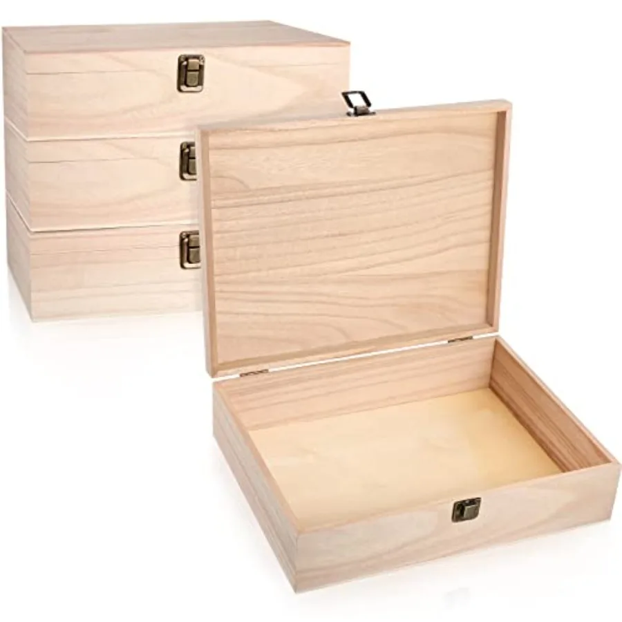 4 Pcs Unfinished Wooden Boxes with Hinged Lid and Front Clasp Rectangle Wood Storage Box Natural DIY Craft Stash Bins for Gift
4 Pcs Unfinished Wooden Boxes with Hinged Lid and Front Clasp Rectangle Wood Storage Box Natural DIY Craft Stash Bins for Gift