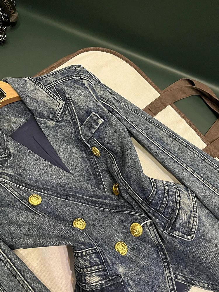 Ele Blue Slim Fit Double Breasted Denim Suit Jaet High Waist Design Faionable Outerwear for Women Commute Sle
Ele Blue Slim Fit Double Breasted Denim Suit Jaet High Waist Design Faionable Outerwear for Women Commute Sle