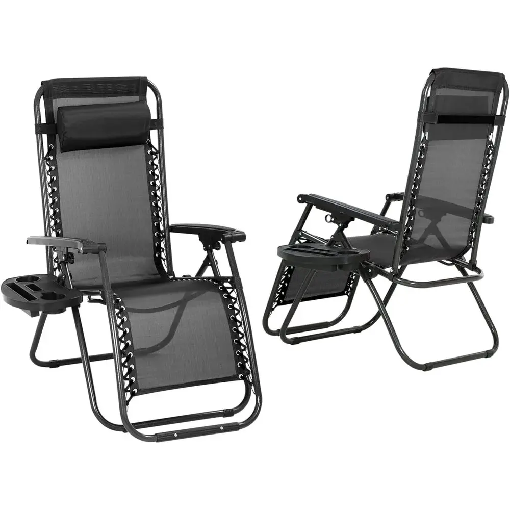 Black Zero Gravity 2-Piece Outdoor Reclining Lounge Chair Set with Pillows and Cup Holders
Black Zero Gravity 2-Piece Outdoor Reclining Lounge Chair Set with Pillows and Cup Holders