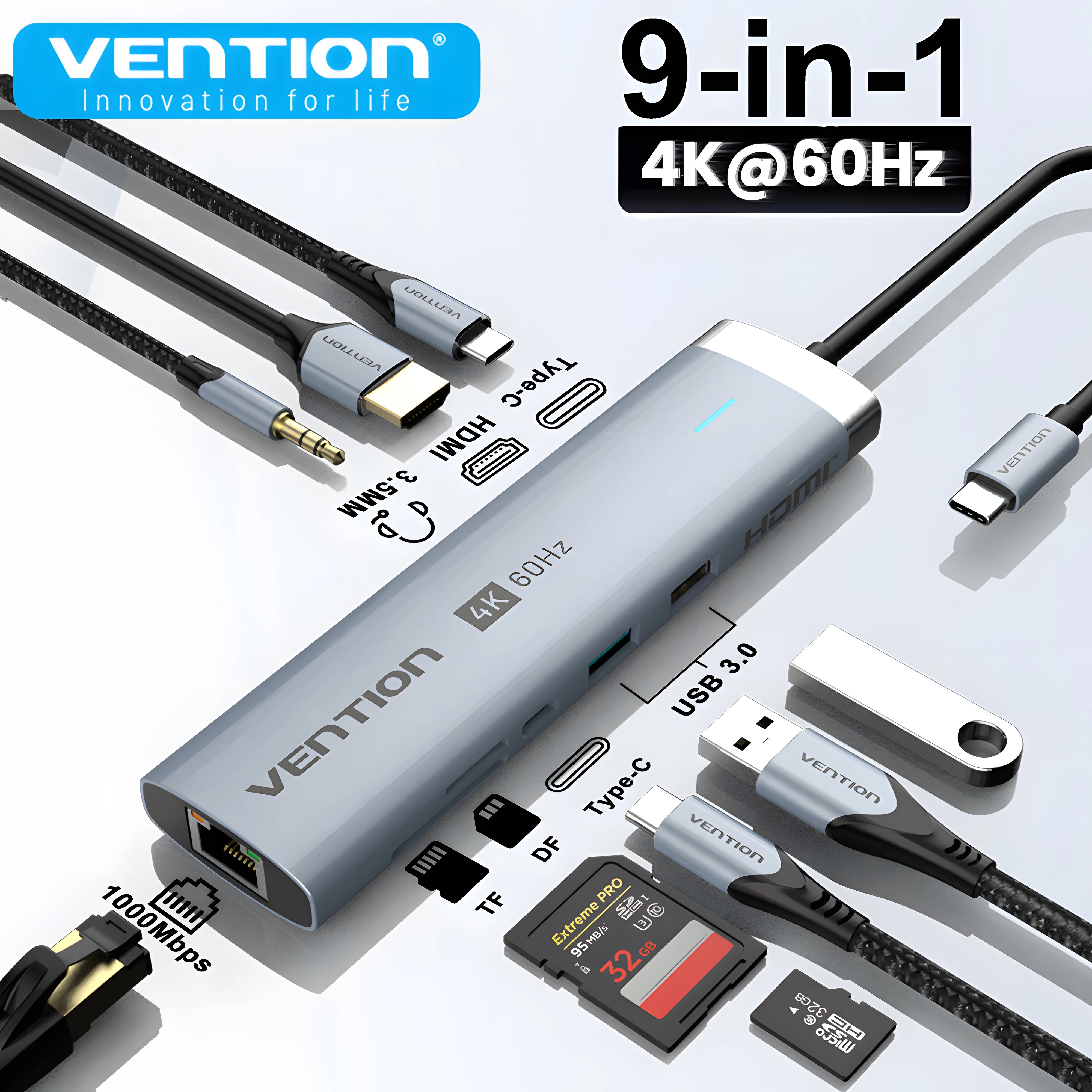 Vention New USB Hub HDMI 4K 60Hz 9 in 1 PD 100W USB C 3.2 Gen2 Hub 5Gbps Splitter Expansion Adapter for Macbook Air M1 M2 Laptop
Vention New USB Hub HDMI 4K 60Hz 9 in 1 PD 100W USB C 3.2 Gen2 Hub 5Gbps Splitter Expansion Adapter for Macbook Air M1 M2 Laptop