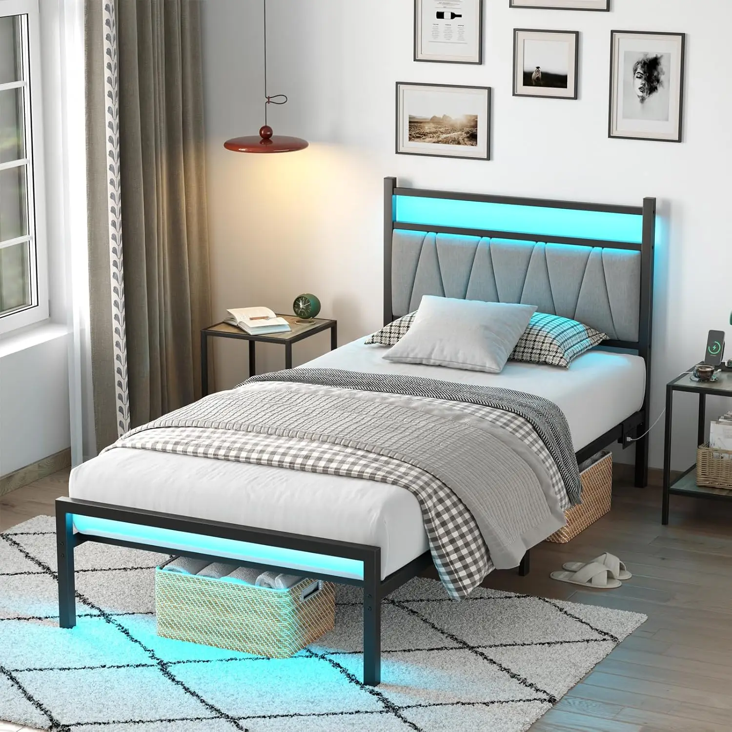 Twin Bed Frame with LED Lights & Charging Station, Metal Platform Bed Frame with Fabric Upholstered Headboard, No Box
Twin Bed Frame with LED Lights & Charging Station, Metal Platform Bed Frame with Fabric Upholstered Headboard, No Box