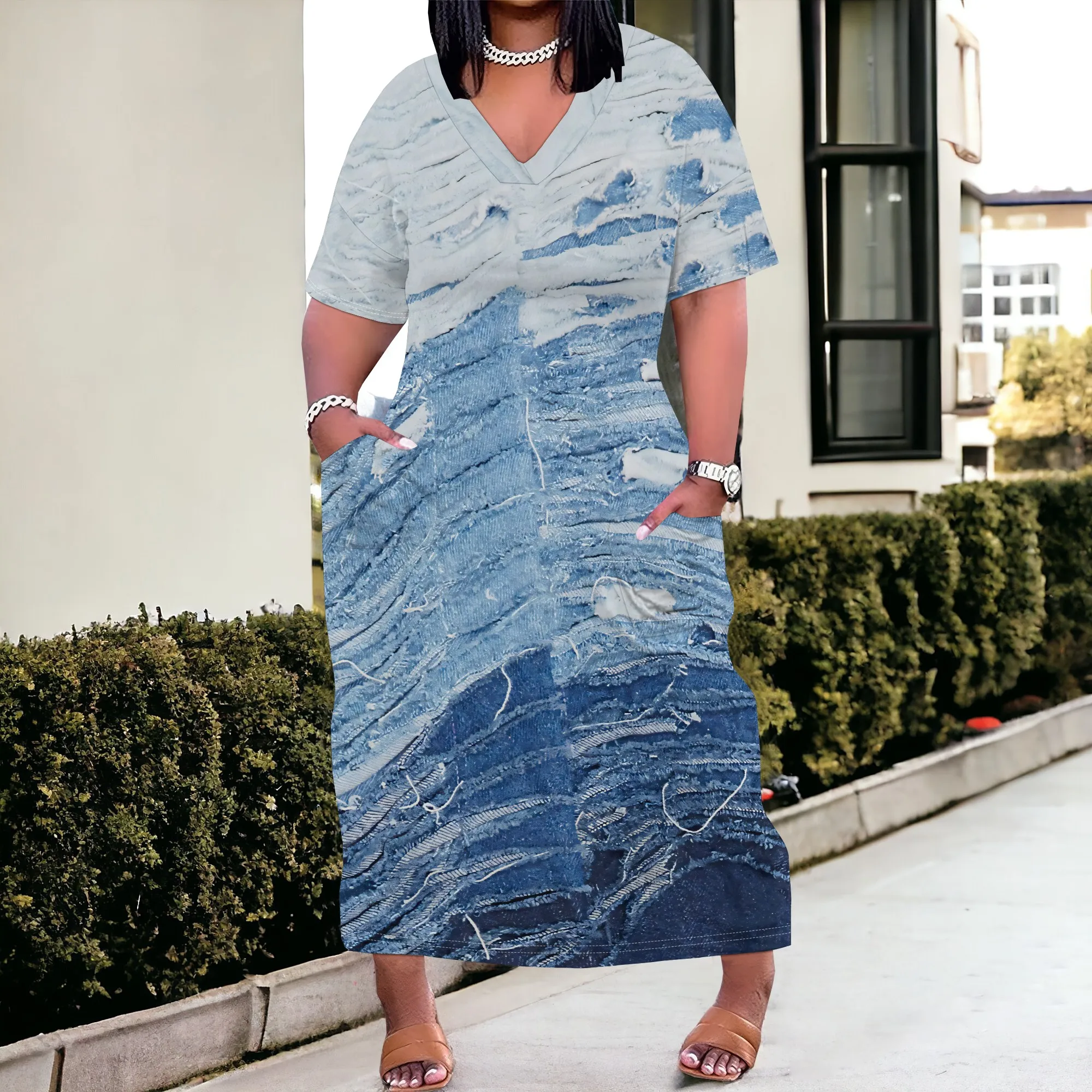 Nupusa Plus Size Dress Women V Neck Short Sleeve Denim Print Maxi Dress with Pockets
Nupusa Plus Size Dress Women V Neck Short Sleeve Denim Print Maxi Dress with Pockets