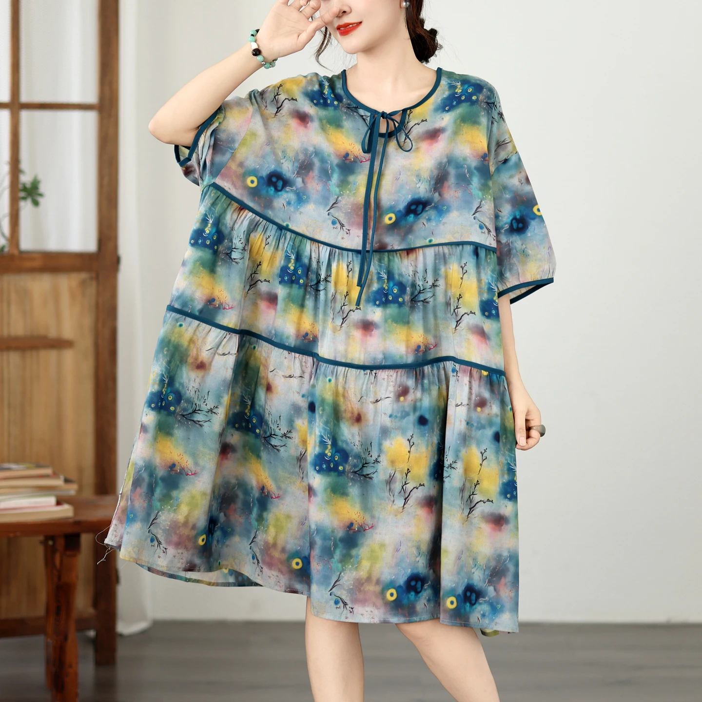 Summer New plus Size Printed Dress Necktie Loose Slimming Versatile Women's Dress Artistic Style High Waist Cotton Blend
Summer New plus Size Printed Dress Necktie Loose Slimming Versatile Women's Dress Artistic Style High Waist Cotton Blend